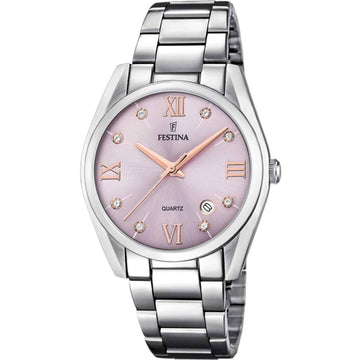 Ρολόι Festina Boyfriend F16790/D με ασημί ατσάλινο μπρασελέ, ροζ καντραν με ζιργκόν, μηχανισμό μπαταρίας με ένδειξη ημερομηνίας, στρογγυλό στεφάνι με διάμετρο 37mm αδιάβροχο στις 5ΑΤΜ-50Μ.